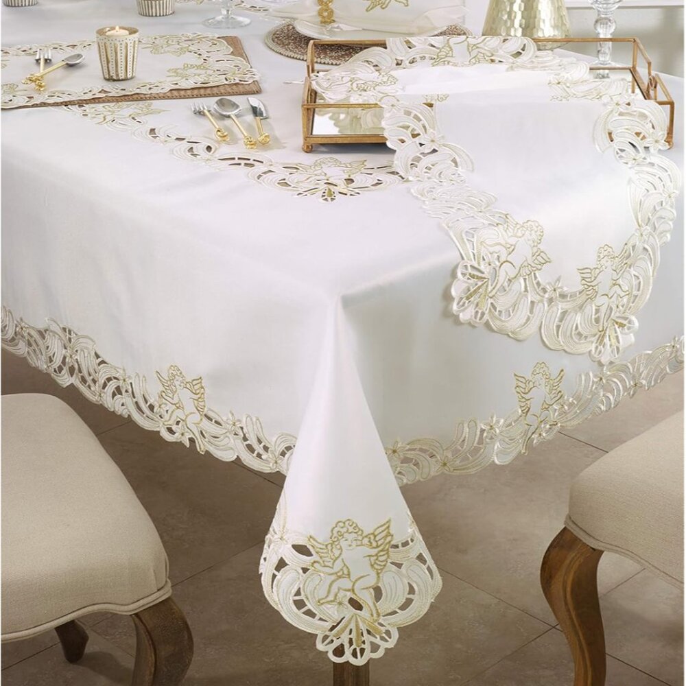 NWT 65 x 84 inch off-white and embroidered gold tablecloth, Saro Lifestyle